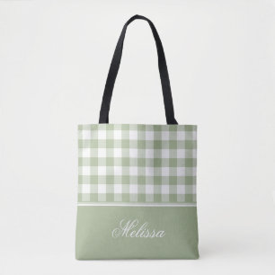 Sage Green Gingham Personalized Tote Bag