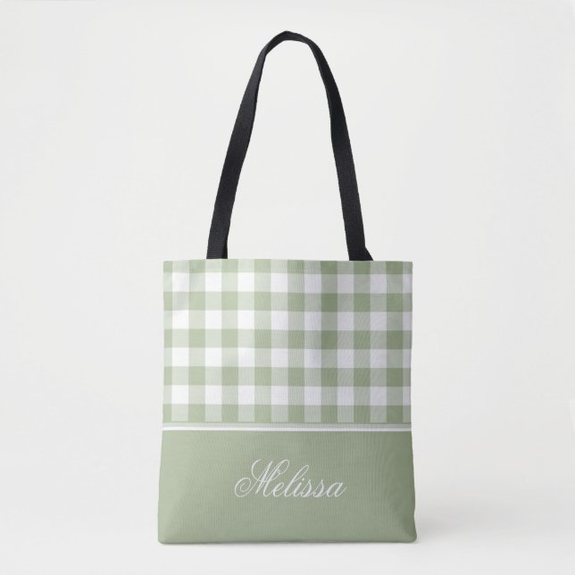 Sage Green Gingham | Personalized Tote Bag (Front)