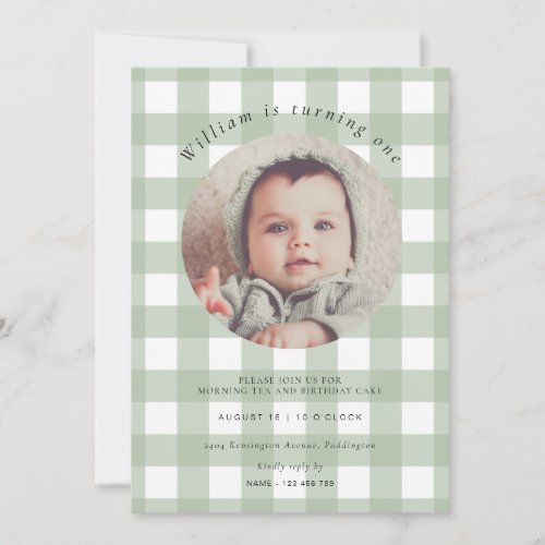 Sage Green Gingham Photo Birthday Invitation