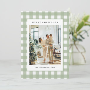 Sage Green Gingham Plaid 5 Photo Christmas Holiday Card