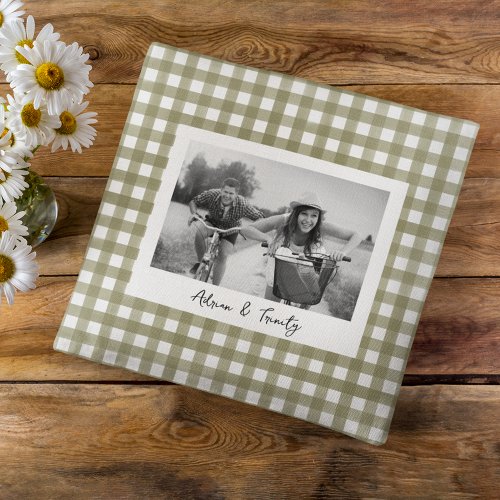 Sage Green Gingham Plaid Custom Photo Throw Pillow