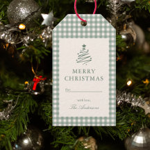 Sage Green Gingham Plaid Merry Christmas Gift Tags