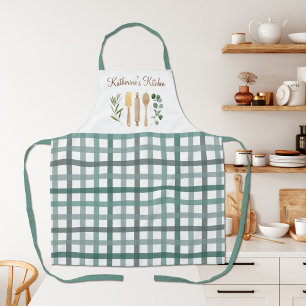 Sage Green Gingham Plaid Pattern Kitchen Utensil Apron