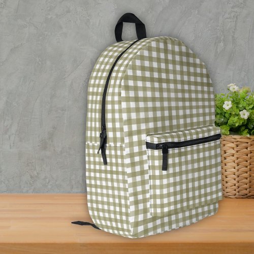 Sage Green Gingham Plaid Patterned Printed Backpack