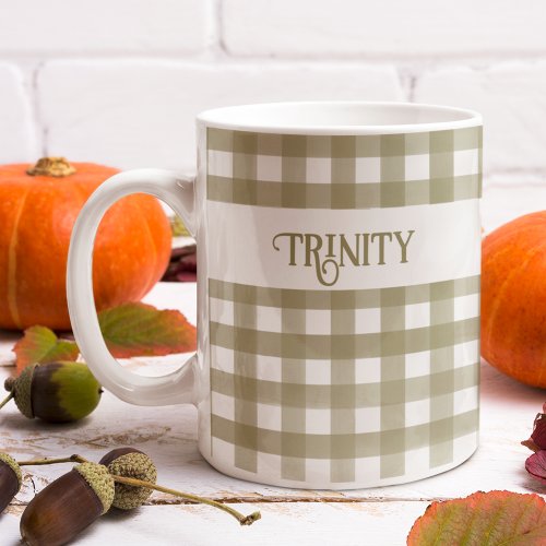 Sage Green Gingham Plaid Personalized Coffee Mug