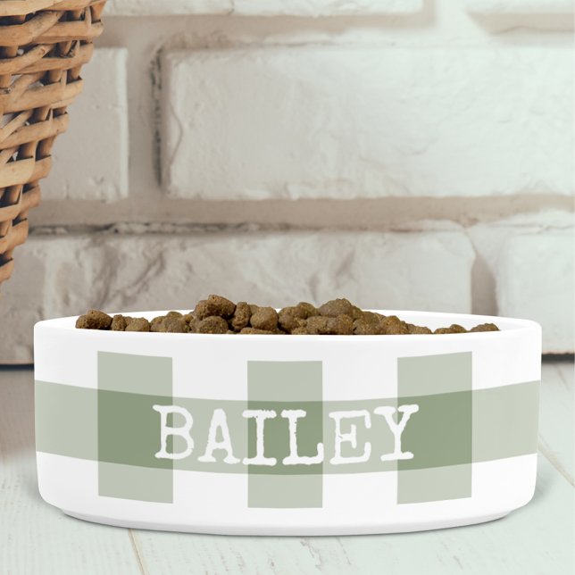 Sage Green Gingham Plaid Personalized Dog Bowl (Creator Uploaded)
