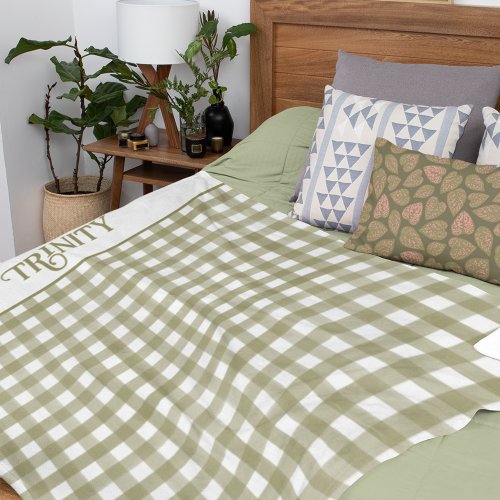 Sage Green Gingham Plaid Personalized Fleece Blanket