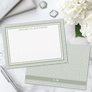 Sage Green Gingham Plaid Personalized Note Card