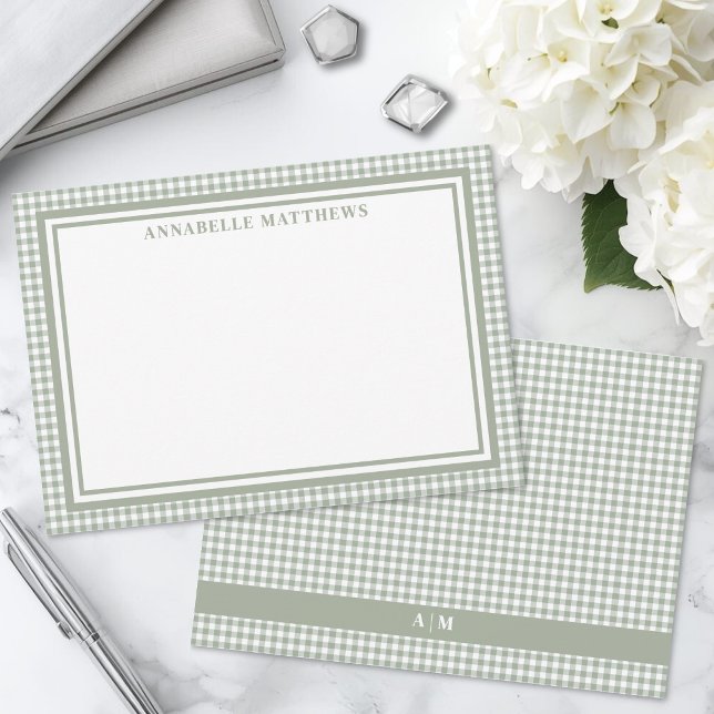 Sage Green Gingham Plaid Personalized Note Card (Sage Green Gingham Plaid Personalized Note Card)