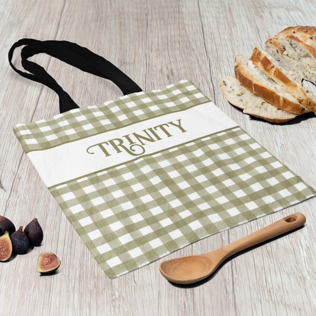 Sage Green Gingham Plaid Personalized Tote Bag (Creator Uploaded)