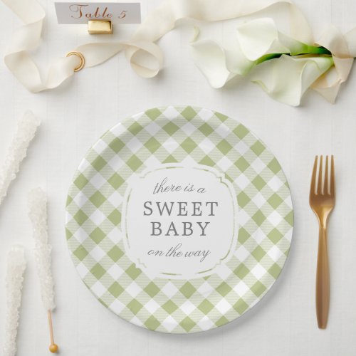 Sage Green Gingham Plaid Sweet Baby Paper Plates