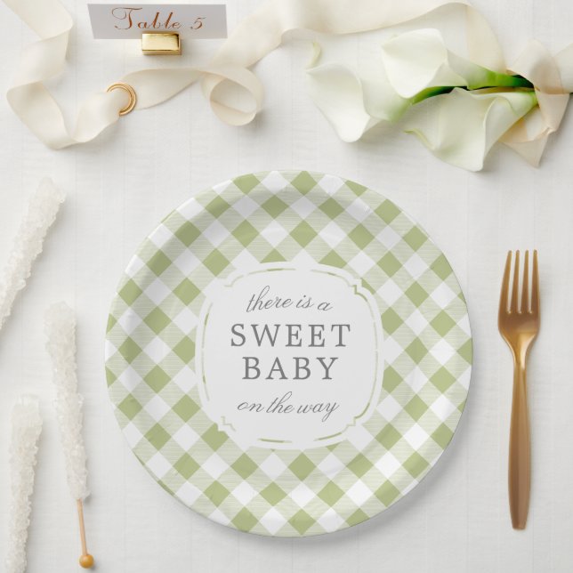 Sage Green Gingham Plaid Sweet Baby Paper Plates (Wedding)