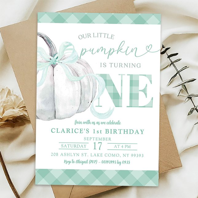 Sage Green Gingham Preppy Pumpkin 1st Birthday Invitation (Creator Uploaded)