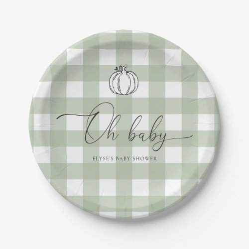 Sage Green Gingham Pumpkin Baby Shower Paper Plates