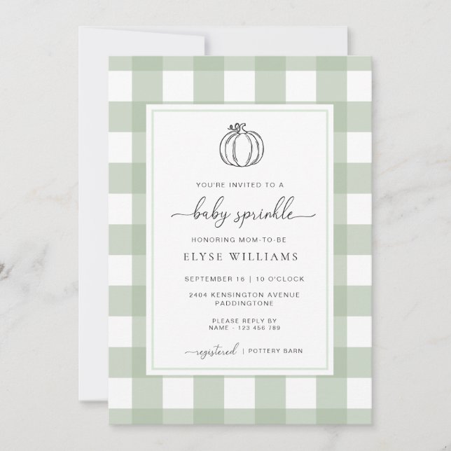 Sage Green Gingham Pumpkin Baby Sprinkle Invitation (Front)