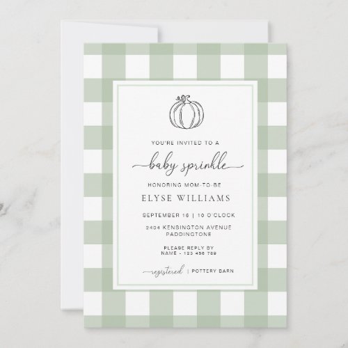 Sage Green Gingham Pumpkin Baby Sprinkle Invitation