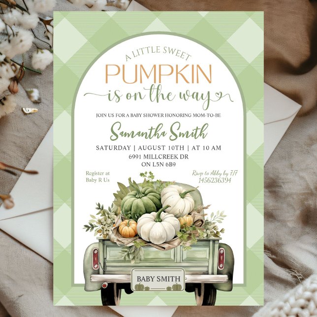 Sage Green Gingham Pumpkin Truck Baby Shower Invitation (Creator Uploaded)