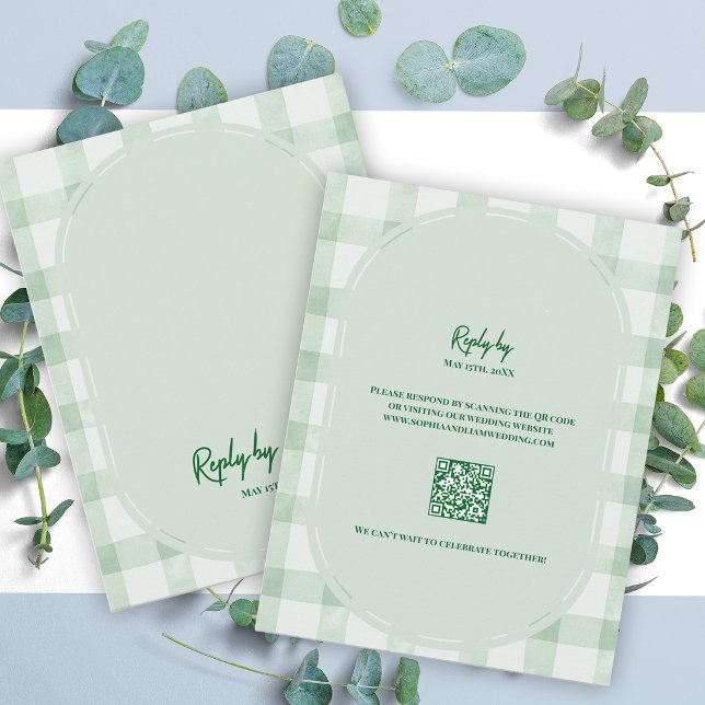 Sage Green Gingham QR Code Wedding RSVP Card (Sage Green Gingham QR Code RSVP Card | Garden Party Wedding Response Card)