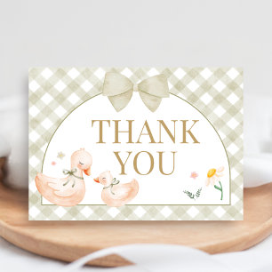 Sage Green Gingham Silly Goose Baby Shower Letterpress Thank You Card