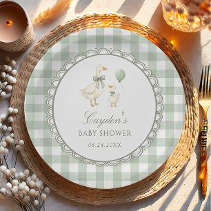 Sage Green Gingham Silly Goose Baby Shower Paper Plates
