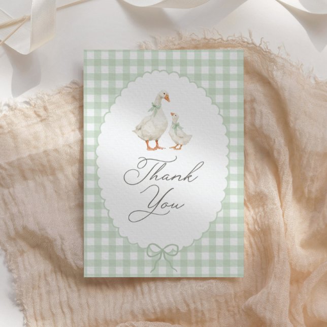 Sage Green Gingham Silly Goose Baby Shower Thank You Card (Creator Uploaded)