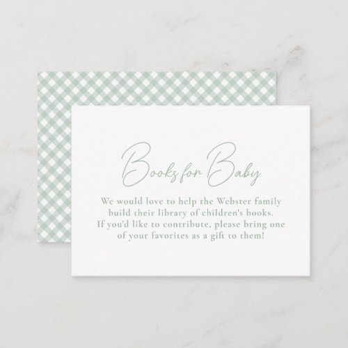 Sage green gingham simple books for baby shower enclosure card