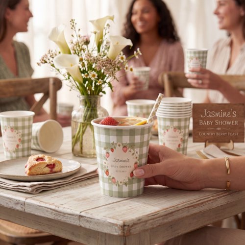 Sage Green Gingham Strawberry Baby Shower Cups