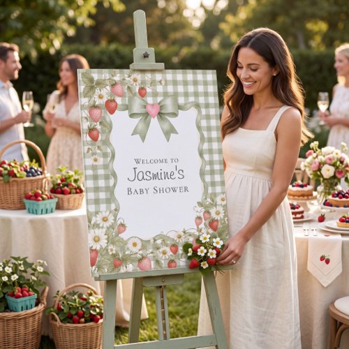 Sage Green Gingham Strawberry Baby Shower Sign