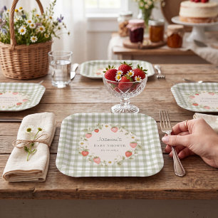 Sage Green Gingham Strawberry Floral Baby Shower Paper Plates