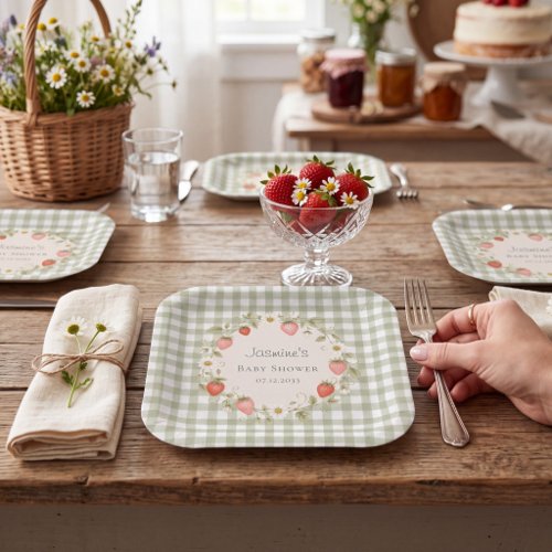 Sage Green Gingham Strawberry Floral Baby Shower  Paper Plates