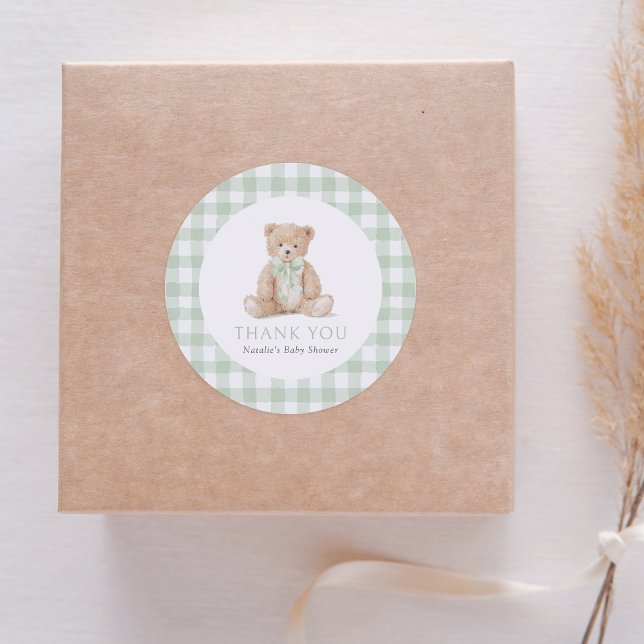 Sage Green Gingham Teddy Bear Baby Shower Classic Round Sticker (Creator Uploaded)