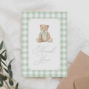 Sage Green Gingham Teddy Bear Baby Shower Letterpress Thank You Card