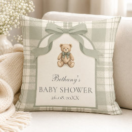 Sage Green Gingham Teddy Bear Baby Shower Throw Pillow