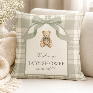 Sage Green Gingham Teddy Bear Baby Shower Throw Pillow
