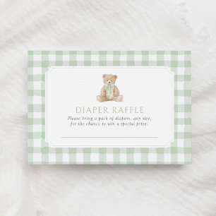 Sage Green Gingham Teddy Bear Diaper Raffle Ticket Enclosure Card