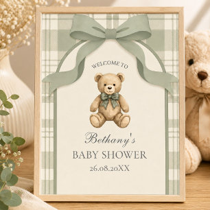 Sage Green Gingham Teddy Bear Welcome  Poster