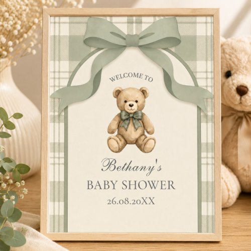 Sage Green Gingham Teddy Bear Welcome  Poster