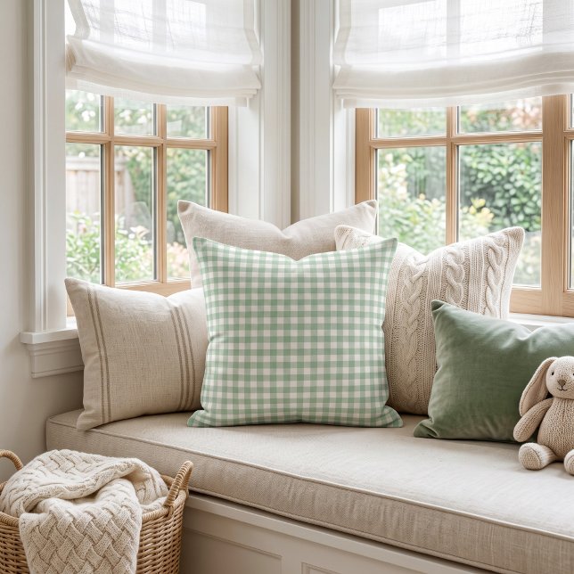 Sage Green Gingham Throw Pillow (Creator Uploaded)