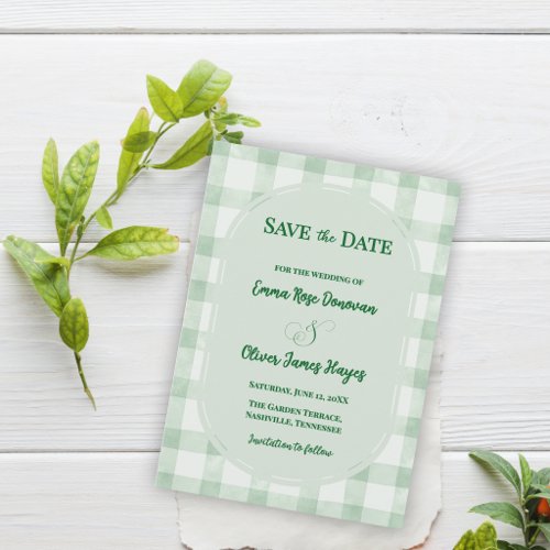 Sage Green Gingham Wedding Garden Party  Save The Date