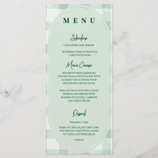 Sage Green Gingham Wedding Reception Dinner Menu (Front)