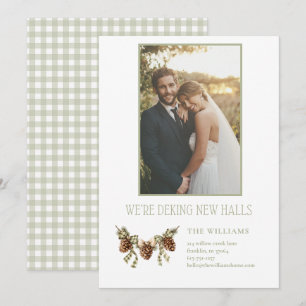 Sage Green Gingham We're Decking New Halls Moving Holiday Card