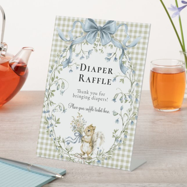 Sage Green Gingham Woodland Squirrel Diaper Raffle Pedestal Sign (In SItu)