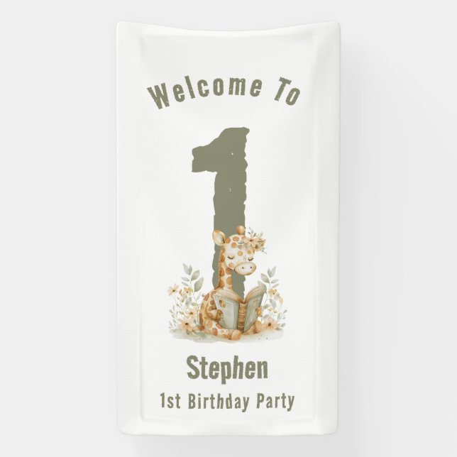 Sage Green Giraffe Happy 1st Birthday Banner (Vertical)