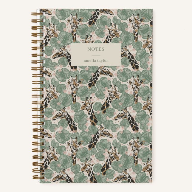 Sage Green Giraffe Tropical Botanical Notes Notebook (Front)