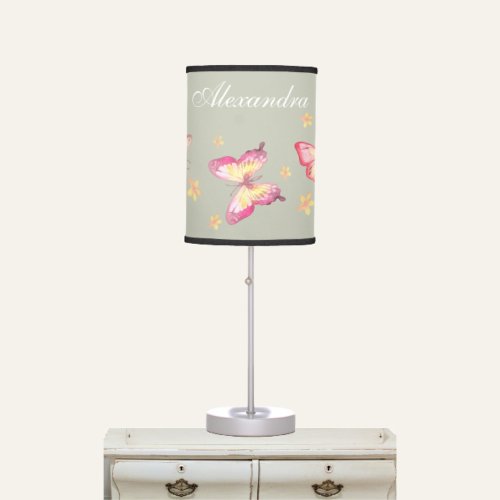 Sage Green Girls Name Dusty Pink Butterfly   Table Lamp