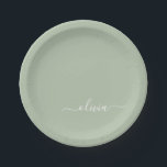 Sage Green Girly Script Monogram Name Modern Paper Plates<br><div class="desc">Sage Green Monogram Add Your Own Name Script Party Plates. This makes the perfect sweet 16 birthday,  wedding,  bridal shower,  anniversary,  baby shower or bachelorette party gift for someone that loves glam luxury and chic styles.</div>