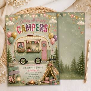 Sage Green Glamping Party Invite for Girls