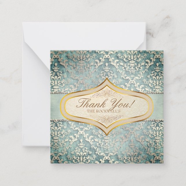 Sage Green Glimmer Damask Wedding Note Card (Front)