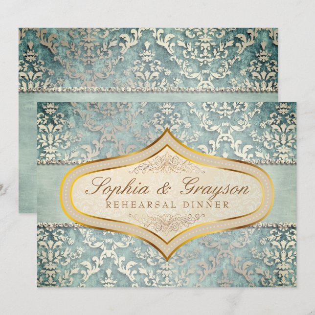 Sage Green Glimmer Damask Wedding Rehearsal Dinner Invitation (Front/Back)