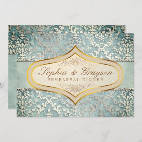 Sage Green Glimmer Damask Wedding Rehearsal Dinner Invitation